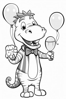 an alligator holding balloons dancing with a zebra at a tea party