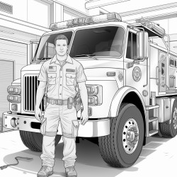 firefighter standing in front of fire truck showing smoke detector
