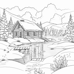 peaceful winter scene featuring a log cabin by a frozen lake