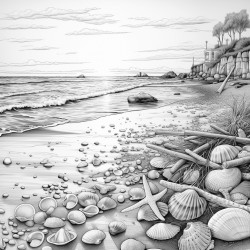 a sunset at the beach with sea shells