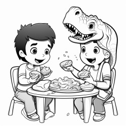 two boys and a girl eating tacos with a dinosaur