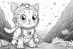space cat exploring underwater ruins