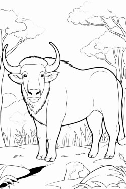 a tamaraw buffalo standing in a clearing in a forest with tall trees and shrubs around it
