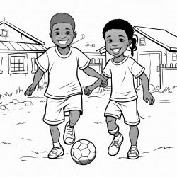 professional sketch drawing of african boy and a girl chlid playing football in a village for a coloring book