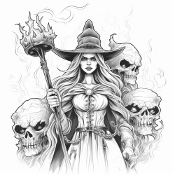 short female witch surrounded by three tall guys dressed in classic horror costumes