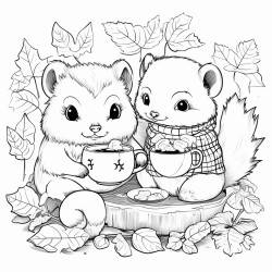 chibi style forest animals drinking tea autumn scene cozy
