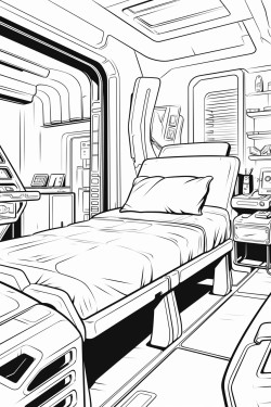 space ship cabin c bed with screens with desk space futuristic detail