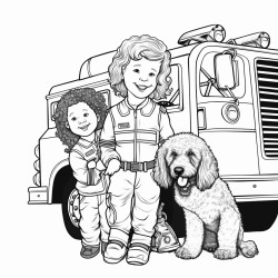 a four year old boy with curly hair with his 2 year old sister with curly hair and goldendoodle dog being fire fighters