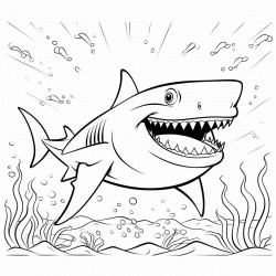 a shark patrolling the deep sea with a menacing grin