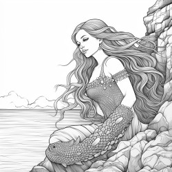 a gothic mermaid with long flowing hair and dark scales resting on a rock in a shadowy sea
