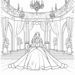 a princess sitting on a throne in a grand hall with chandeliers and tapestries