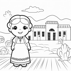 simple mexican doll with a village background coloring page for a kindergarden very simple not a complex image