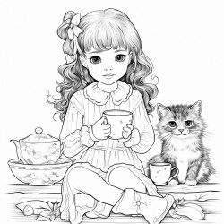 two cats drinking milk and a girl watching them