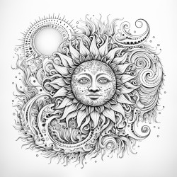 10 mandala of sun and moon phases with celestial rays      starting with a central sun and moon each phase radiates outward in a circular formation with celestial rays that blend into swirling clouds and stars around the edges mandela style page size 11 x 85 x 004 inches