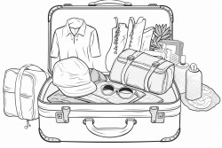 prompt travel packing an open suitcase filled with clothing beauty products and travelsized accessories coloring page