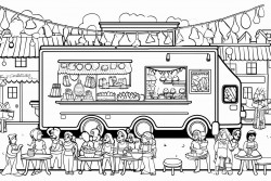 food trucks market several of them all with a multicultural theme and festoon lights