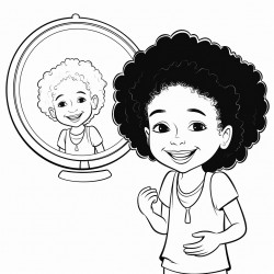 a cheerful illustration of a black child holding a mirror and smiling at their reflection