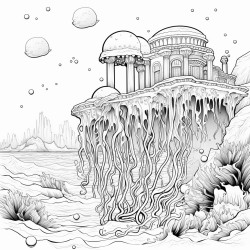 cosmic jellyfish exploring underwater ruins