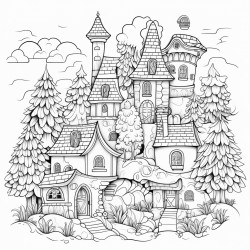 a whimsical village scene with charming houses and the enchanted forest in the background
