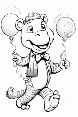 a dancing alligator holding balloons with a dancing zebra at a tea party in a simple coloring book style with low detail