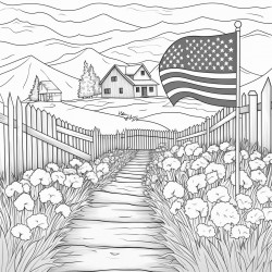 american flag white fence and a barn