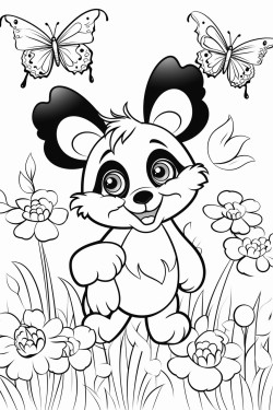 crea una panda jugando con mariposas en una pampa primaveral