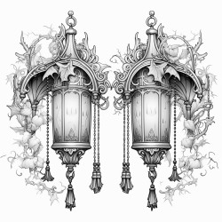 gothic lanterns  a set of victorianstyle lanterns with skull and bat motifs each with ornate details and hanging chains