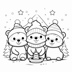 cozy christmas animals coloring book page no colors black and bold lines