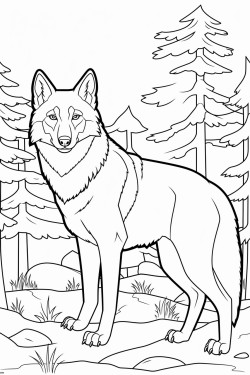 red wolf standing alert in a wooded area showcasing its reddishbrown fur and piercing eyes surrounded by pine trees