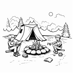 simple black outline art camping scene fire pit