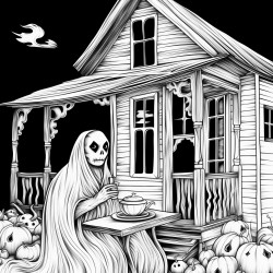 a ghost enjoying tea at a cabin