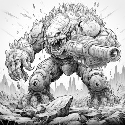 monster made of lava shooting a lava minigun