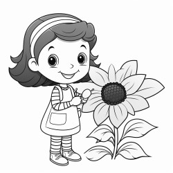 a little girl in a garden holding a sun flower with a gaint bee on it