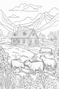 switzerland landscape with a quaint stone house surrounded by flowers and a wild goats graze in lavender fields