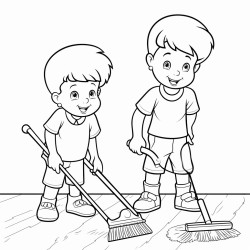 a 3 year old boy and his mom both are having brooms in their hand and are cleaning the floor