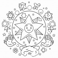 illustrate the creation story with animals plants sun moon and stars all surrounded by gods loving hands
