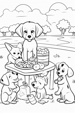 picnic scene in the park with sandwiches fruits and playful puppies