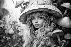 beautiful fairy on a mushroom house in the forest