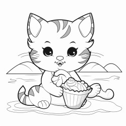 kitty laying on the beach eating ice cream