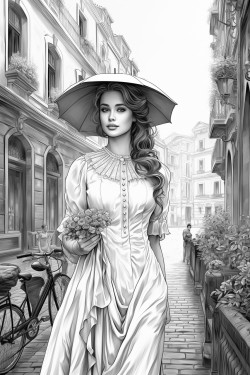 a woman in a walking dress with a parasol