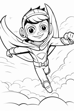 super power kid flying in the sky looking at me and smiling with his friend next to him as a flying masked otter