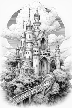 a castle in the clouds and a flying unicorn