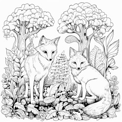 create a blackandwhite coloring page featuring foxes in a wooded area the foxes should have bold outlines with different poses like one resting and another exploring include simple tree and plant details to depict the forest but leave large areas for easy coloring