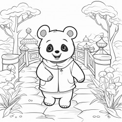 a panda walking in a pathway outline lineart coloring book 2d cartoon character