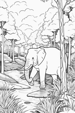 an asian elephant walking through a dense forest surrounded by tall trees and ferns with a small stream nearby