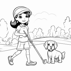 a girl golfing with a dog