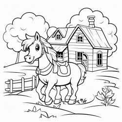 bold and easy a cartooning farmer bear on a horse trees house