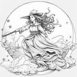 a witch riding a broom infront of a full moon