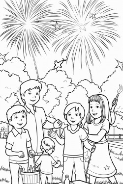 4th of july party with kids playing in park and fireworks