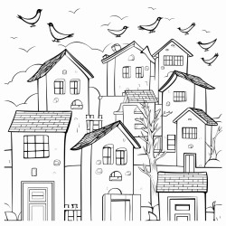 birds sauring above houses